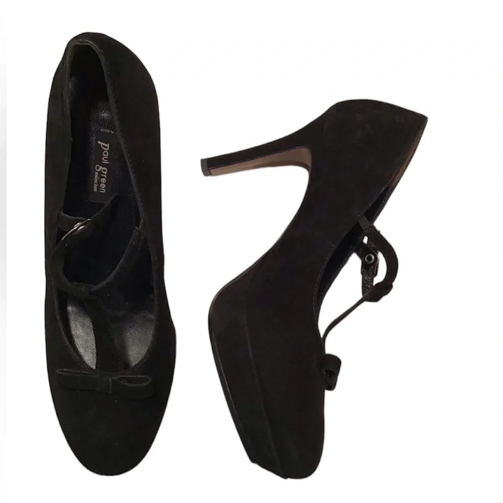 Paul Green‎ Black Suede T-Strap Platform Pumps Sz 8